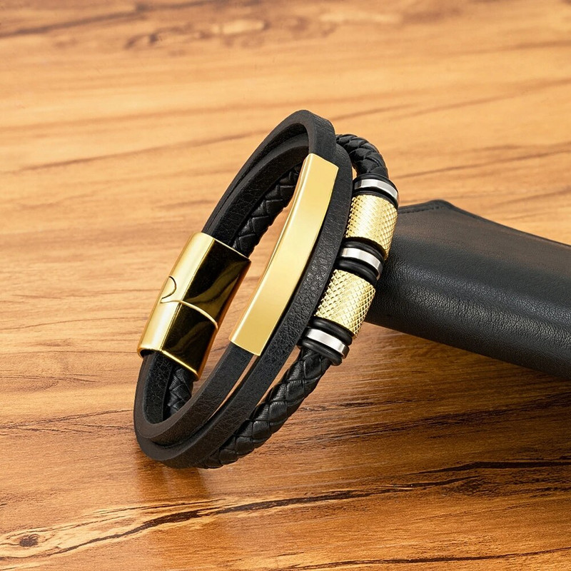 XQNI Brățară din piele neagră de modă, lucrată manual, frânghie, bărbați, mărgele din oțel inoxidabil, cu închidere magnetică, brățară pentru bijuterii cu farmec de zi de naștere