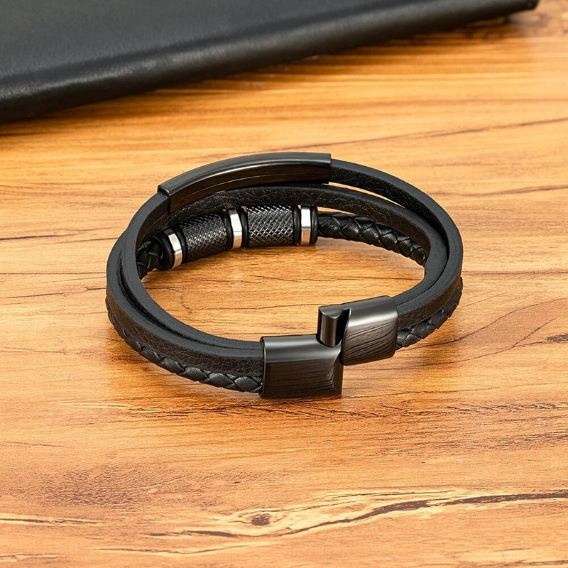 XQNI Brățară din piele neagră de modă, lucrată manual, frânghie, bărbați, mărgele din oțel inoxidabil, cu închidere magnetică, brățară pentru bijuterii cu farmec de zi de naștere