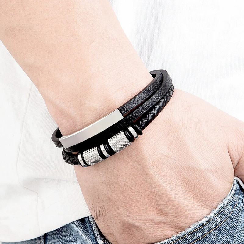 XQNI Brățară din piele neagră de modă, lucrată manual, frânghie, bărbați, mărgele din oțel inoxidabil, cu închidere magnetică, brățară pentru bijuterii cu farmec de zi de naștere