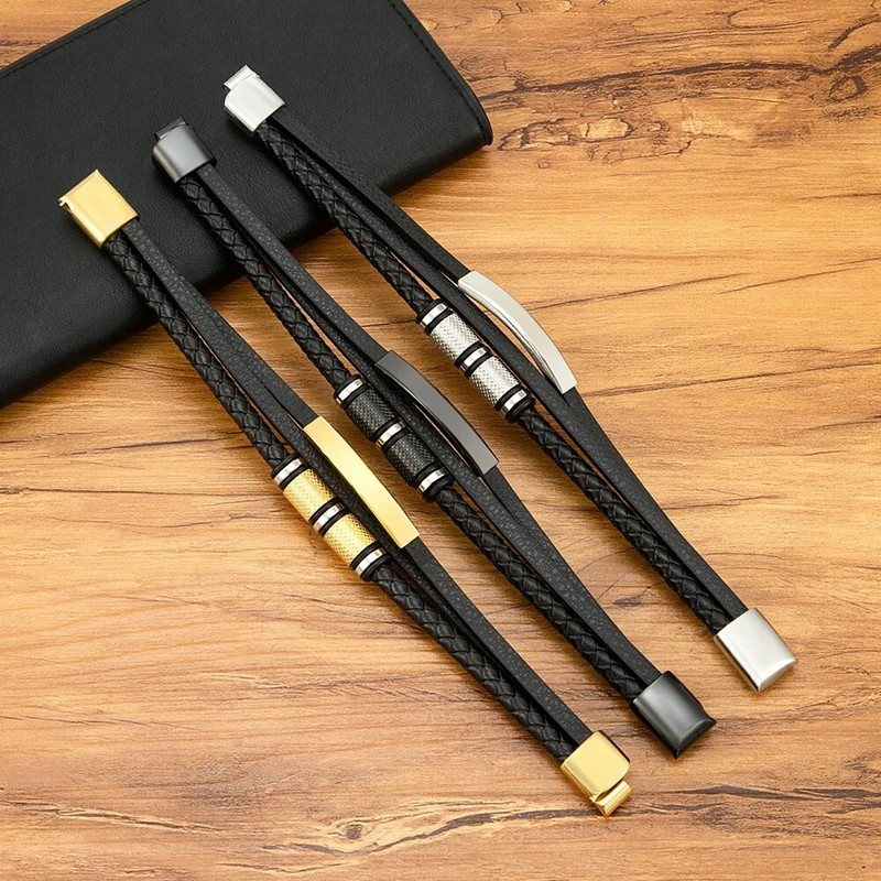 XQNI Brățară din piele neagră de modă, lucrată manual, frânghie, bărbați, mărgele din oțel inoxidabil, cu închidere magnetică, brățară pentru bijuterii cu farmec de zi de naștere