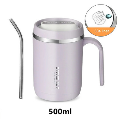 Pahar de 500 ml, cu capac și paie, sticlă de apă izolată în vid, căni de cafea, ceașcă termo din oțel inoxidabil, ceașcă de cafea cu lapte