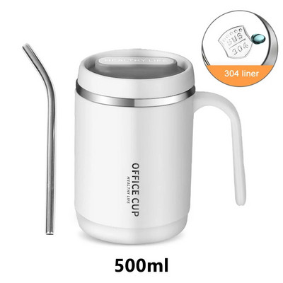 Pahar de 500 ml, cu capac și paie, sticlă de apă izolată în vid, căni de cafea, ceașcă termo din oțel inoxidabil, ceașcă de cafea cu lapte