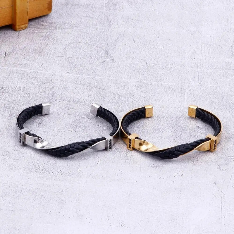 Kalen férfi rozsdamentes acél bőr cirkon divat karkötő csavart felületű formájú kiegészítők