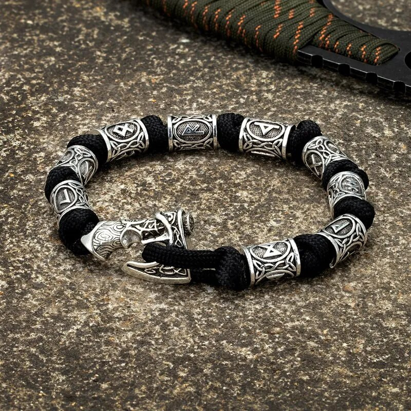 Brățară cu mărgele rune celtice vikinge pentru bărbați, simbolul Odin, șnur din metal scandinav, bijuterii din paracord țesute manual pentru amuletă nordică