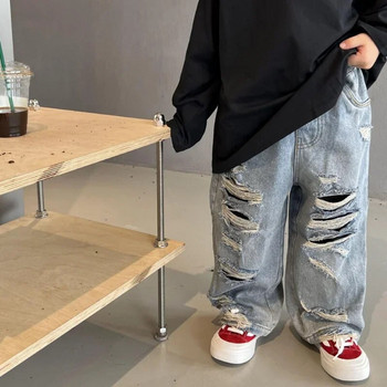 Пролет 2024 Детски панталони Момчета Модни скъсани дънки Бебешки момичета Свободни ежедневни дънкови панталони