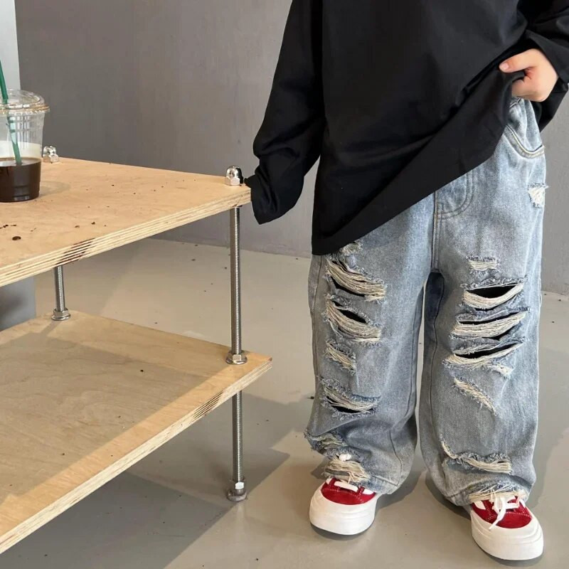 2024 Primăvară Copii Pantaloni Băieți Moda Blugi rupti Bebeluși Fete Pantaloni largi casual din denim