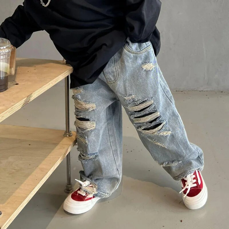 2024 Primăvară Copii Pantaloni Băieți Moda Blugi rupti Bebeluși Fete Pantaloni largi casual din denim