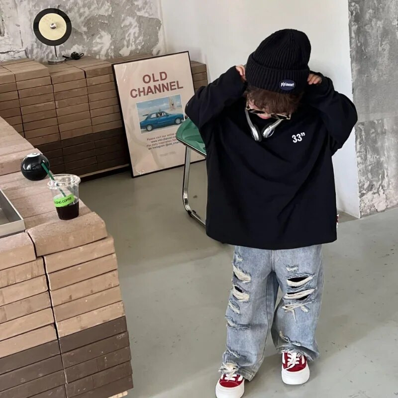 2024 Primăvară Copii Pantaloni Băieți Moda Blugi rupti Bebeluși Fete Pantaloni largi casual din denim