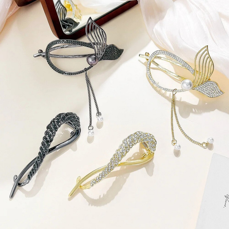 Agrafe de păr cu coadă de pește din strasuri de epocă Agrafe de păr elegante cu ciucuri de perle de imitație pentru femei Accesorii pentru păr