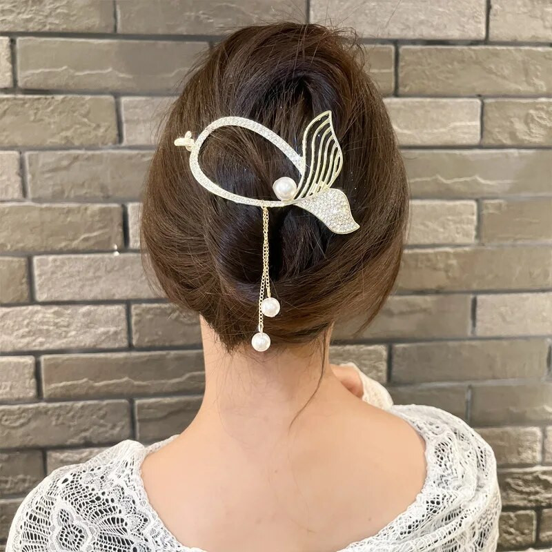 Agrafe de păr cu coadă de pește din strasuri de epocă Agrafe de păr elegante cu ciucuri de perle de imitație pentru femei Accesorii pentru păr