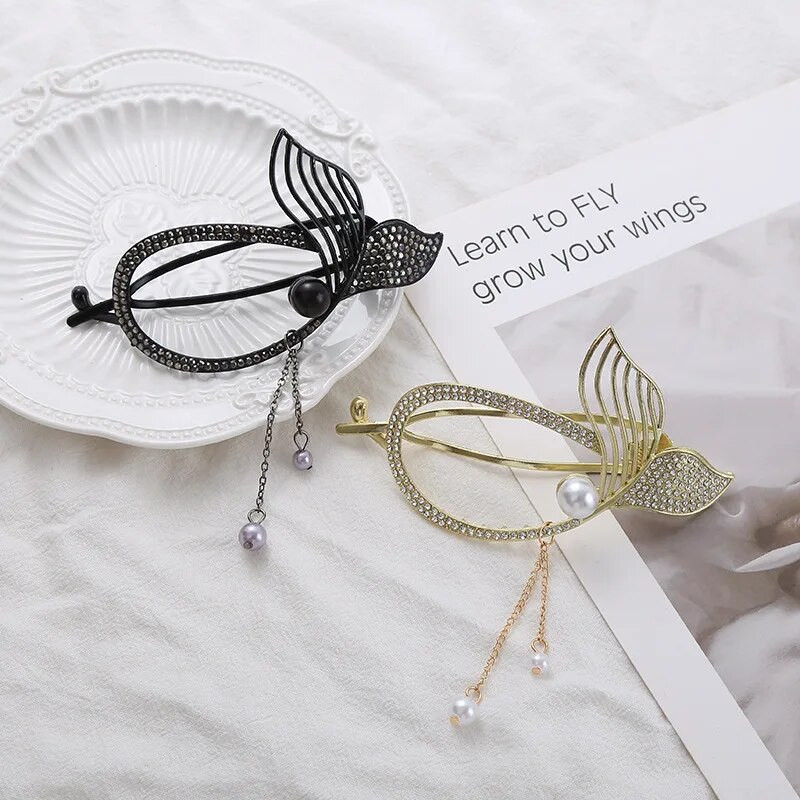 Agrafe de păr cu coadă de pește din strasuri de epocă Agrafe de păr elegante cu ciucuri de perle de imitație pentru femei Accesorii pentru păr
