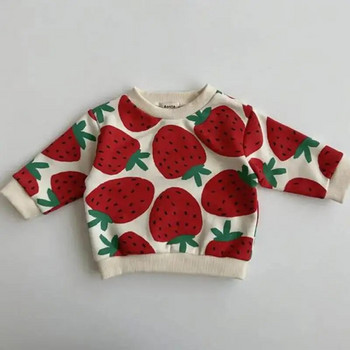 Есен Зима Момче Момиче Деца Ягоди Суичър с дълъг ръкав Детска памучна щампа Дебели топли горнища Бебешка модна пуловерна риза