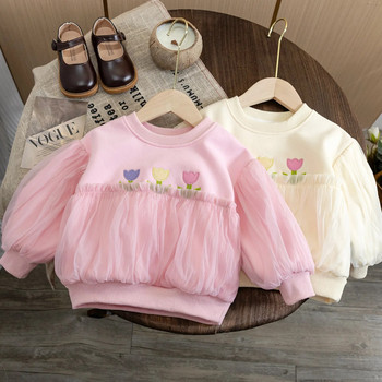 Суичър за момичета, дантелен пуловер с цветя за деца 2023, пролет, есен, бродерия на цветя, бебешки горнища, детски дрехи, корейски стил