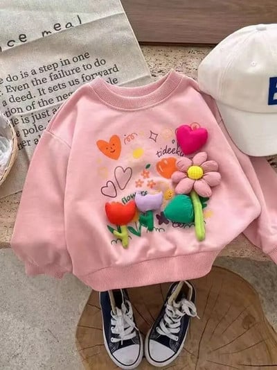 Mergaičių megztiniai pavasariui ir rudeniui, nauji vaikiški megztiniai, laisvalaikio universalūs, erdvūs gėlėmis puošti megztiniai