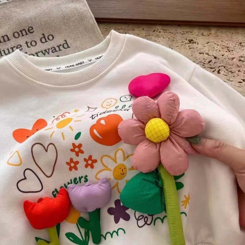 Mergaičių megztiniai pavasariui ir rudeniui, nauji vaikiški megztiniai, laisvalaikio universalūs, erdvūs gėlėmis puošti megztiniai