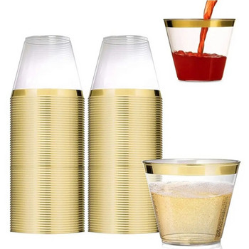 Пластмасови чаши за еднократна употреба Прозрачни чаши с рамки от розово злато Сервизи за сватба, рожден ден Чаши
