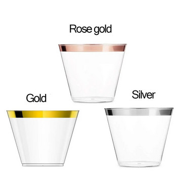 Πλαστικά ποτήρια μιας χρήσης Διαφανή κύπελλα με ροζ χρυσό στεφάνι Επιτραπέζια σκεύη για κύπελλα γενεθλίων γάμου