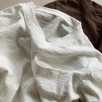 Бебешка памучна тениска! Бамбукова памучна тениска с дълги ръкави, корейски джобен дизайн за момчета и момичета, детски дрехи