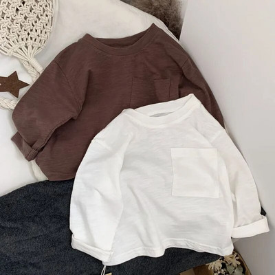 Бебешка памучна тениска! Бамбукова памучна тениска с дълги ръкави, корейски джобен дизайн за момчета и момичета, детски дрехи