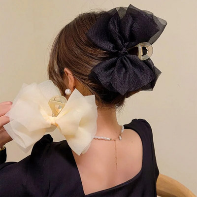 Agrafe de păr cu fundă din tul din plasă de vară, de culoare solidă, pentru femei elegante, coadă de cal, împletitură, gheare de păr, agrafă de păr, accesorii pentru păr
