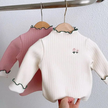 Дебели топли детски суитчъри Есен Зима Сладки пуловери с висока яка на цветя Бебешки момичета Кадифени ризи с дълъг ръкав 1-6 г.