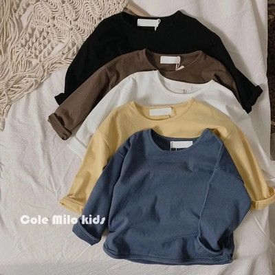 Rudens ziema zēns meitene bērni masīvi garām piedurknēm krekls ar apakšu Bērnu brīvs T-krekls Retro bērnu kokvilnas topi Toddler Ikdienas T-krekli