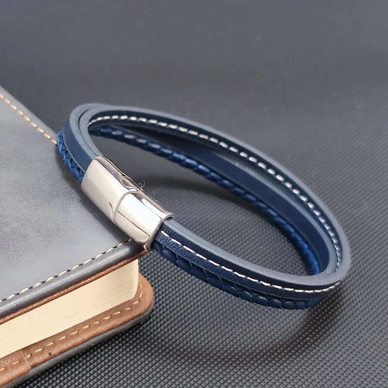 Μόδα Μπλε Δερμάτινα Βραχιόλια Ανδρικά Αγόρια Κούμπωμα από ανοξείδωτο ατσάλι Πολυστρωματικό πλεκτό σχοινί βραχιόλι για ανδρικά γυναικεία βραχιόλια Κοσμήματα