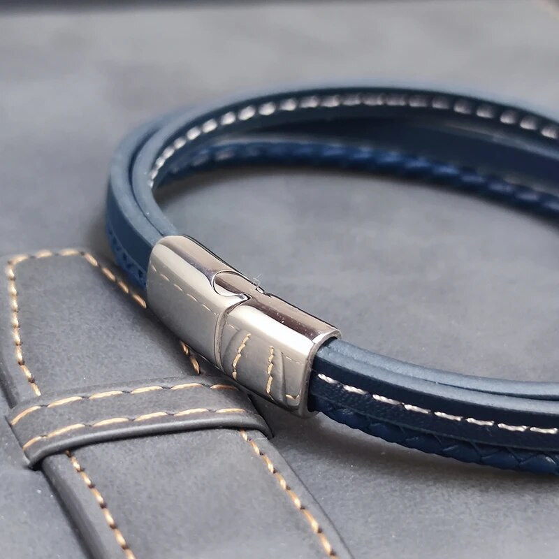 Μόδα Μπλε Δερμάτινα Βραχιόλια Ανδρικά Αγόρια Κούμπωμα από ανοξείδωτο ατσάλι Πολυστρωματικό πλεκτό σχοινί βραχιόλι για ανδρικά γυναικεία βραχιόλια Κοσμήματα