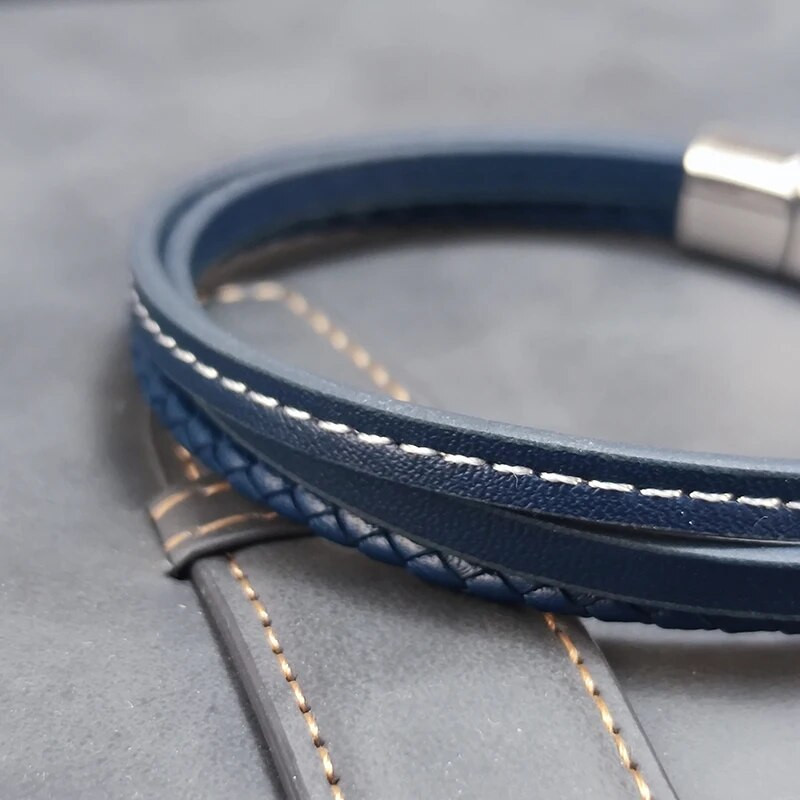 Μόδα Μπλε Δερμάτινα Βραχιόλια Ανδρικά Αγόρια Κούμπωμα από ανοξείδωτο ατσάλι Πολυστρωματικό πλεκτό σχοινί βραχιόλι για ανδρικά γυναικεία βραχιόλια Κοσμήματα