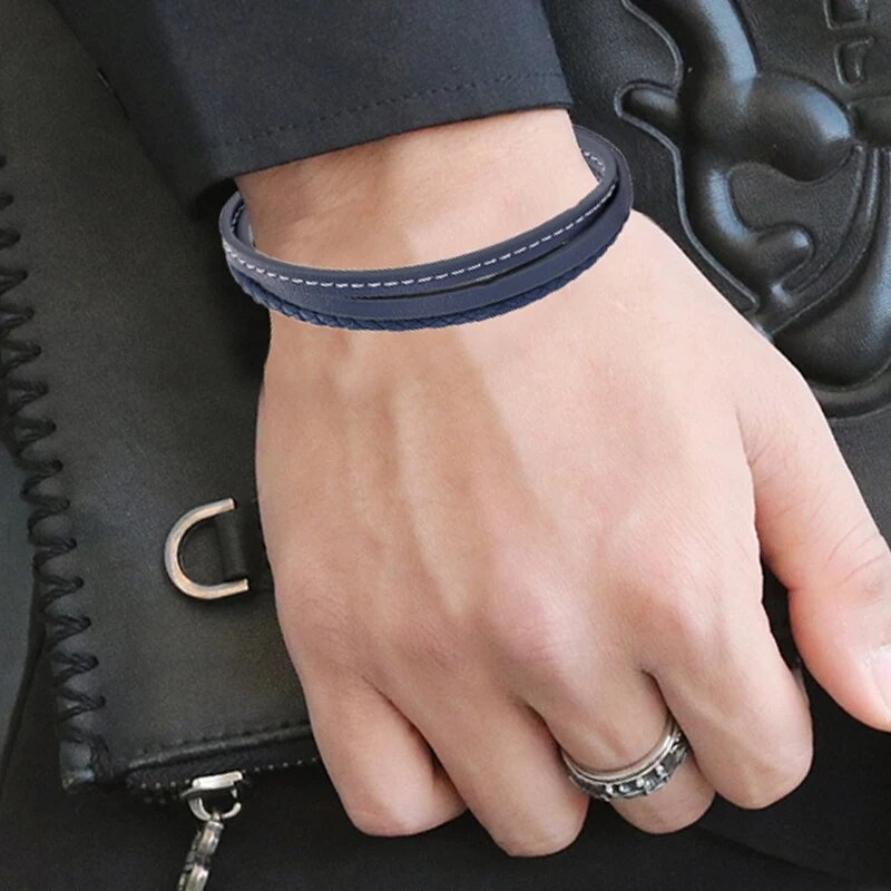 Μόδα Μπλε Δερμάτινα Βραχιόλια Ανδρικά Αγόρια Κούμπωμα από ανοξείδωτο ατσάλι Πολυστρωματικό πλεκτό σχοινί βραχιόλι για ανδρικά γυναικεία βραχιόλια Κοσμήματα