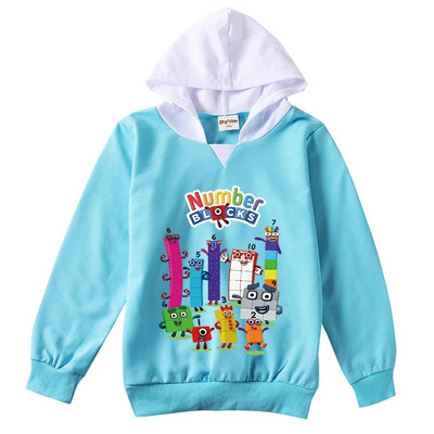 Tricou cu blocuri de numere pentru copii de modă pentru băieți, fete, cu mânecă lungă, tricou subțire cu glugă, 2-13T, pentru copii, haine imprimate cu desene animate, tricouri
