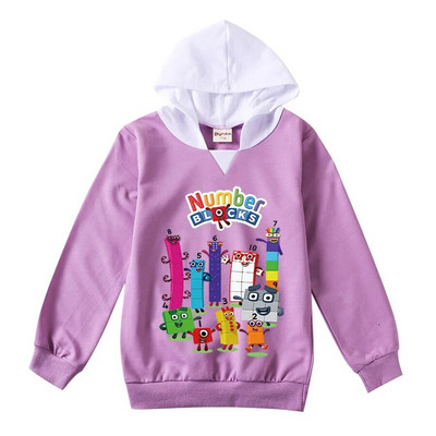 Tricou cu blocuri de numere pentru copii de modă pentru băieți, fete, cu mânecă lungă, tricou subțire cu glugă, 2-13T, pentru copii, haine imprimate cu desene animate, tricouri