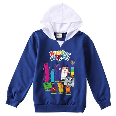 Tricou cu blocuri de numere pentru copii de modă pentru băieți, fete, cu mânecă lungă, tricou subțire cu glugă, 2-13T, pentru copii, haine imprimate cu desene animate, tricouri