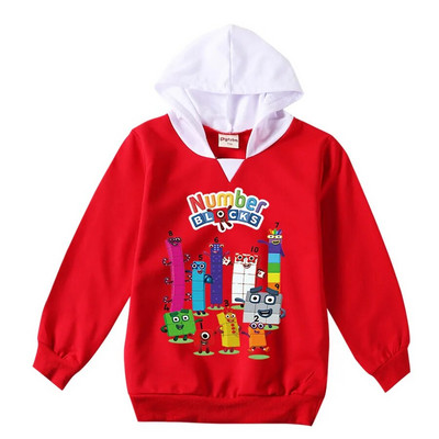 Tricou cu blocuri de numere pentru copii de modă pentru băieți, fete, cu mânecă lungă, tricou subțire cu glugă, 2-13T, pentru copii, haine imprimate cu desene animate, tricouri