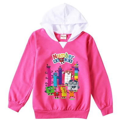 Tricou cu blocuri de numere pentru copii de modă pentru băieți, fete, cu mânecă lungă, tricou subțire cu glugă, 2-13T, pentru copii, haine imprimate cu desene animate, tricouri