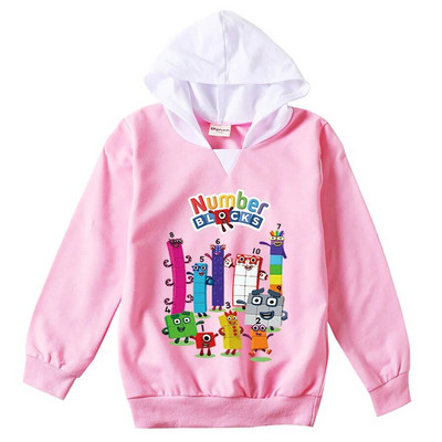 Tricou cu blocuri de numere pentru copii de modă pentru băieți, fete, cu mânecă lungă, tricou subțire cu glugă, 2-13T, pentru copii, haine imprimate cu desene animate, tricouri