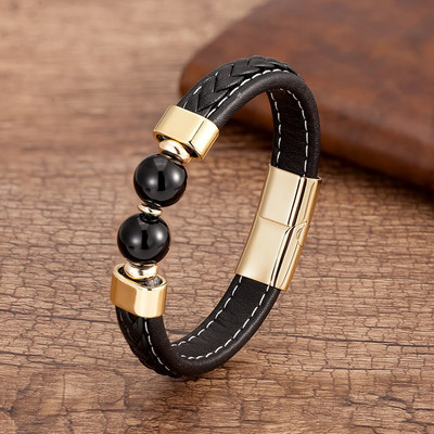 Brățară din oțel inoxidabil pentru bărbați de înaltă calitate Brățări din piele cu personalitate neagră Bijuterii din margele rotunde de piatră în 10 stiluri pentru bărbați Cadouri