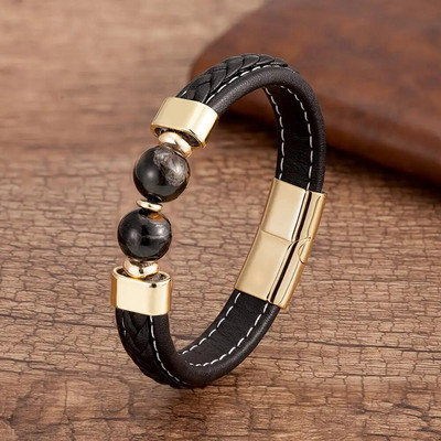 Brățară din oțel inoxidabil pentru bărbați de înaltă calitate Brățări din piele cu personalitate neagră Bijuterii din margele rotunde de piatră în 10 stiluri pentru bărbați Cadouri