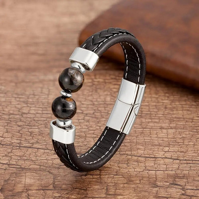 Brățară din oțel inoxidabil pentru bărbați de înaltă calitate Brățări din piele cu personalitate neagră Bijuterii din margele rotunde de piatră în 10 stiluri pentru bărbați Cadouri