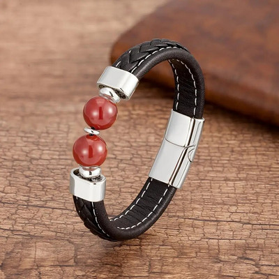 Brățară din oțel inoxidabil pentru bărbați de înaltă calitate Brățări din piele cu personalitate neagră Bijuterii din margele rotunde de piatră în 10 stiluri pentru bărbați Cadouri