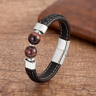 Brățară din oțel inoxidabil pentru bărbați de înaltă calitate Brățări din piele cu personalitate neagră Bijuterii din margele rotunde de piatră în 10 stiluri pentru bărbați Cadouri