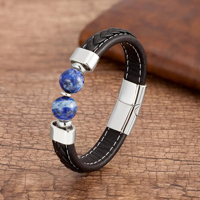 Brățară din oțel inoxidabil pentru bărbați de înaltă calitate Brățări din piele cu personalitate neagră Bijuterii din margele rotunde de piatră în 10 stiluri pentru bărbați Cadouri