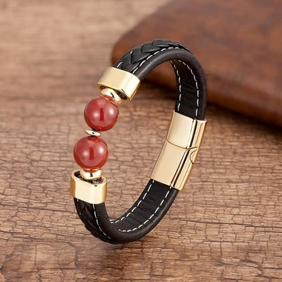 Brățară din oțel inoxidabil pentru bărbați de înaltă calitate Brățări din piele cu personalitate neagră Bijuterii din margele rotunde de piatră în 10 stiluri pentru bărbați Cadouri