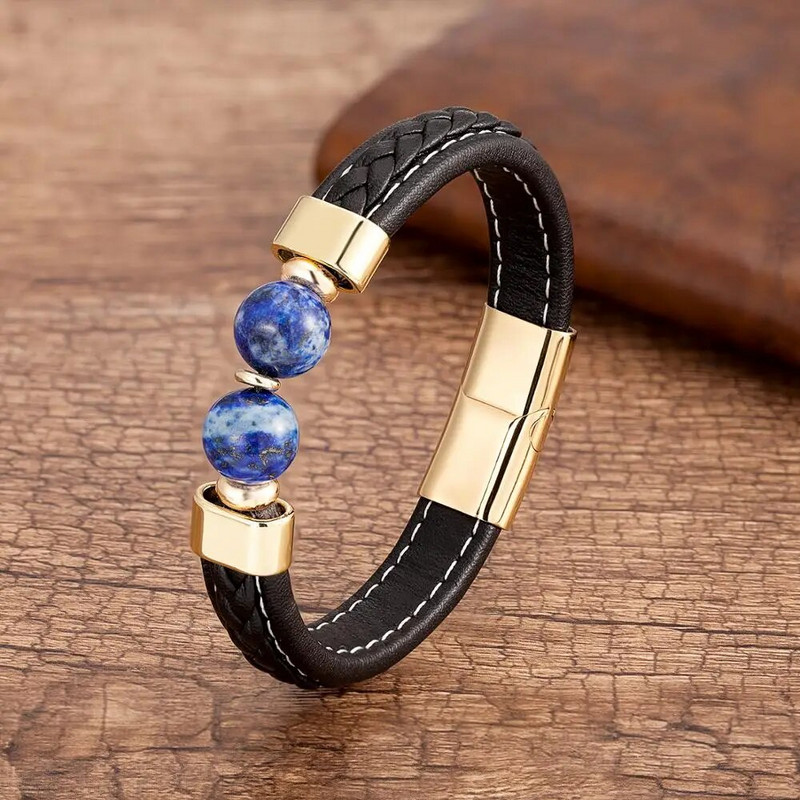 Brățară din oțel inoxidabil pentru bărbați de înaltă calitate Brățări din piele cu personalitate neagră Bijuterii din margele rotunde de piatră în 10 stiluri pentru bărbați Cadouri