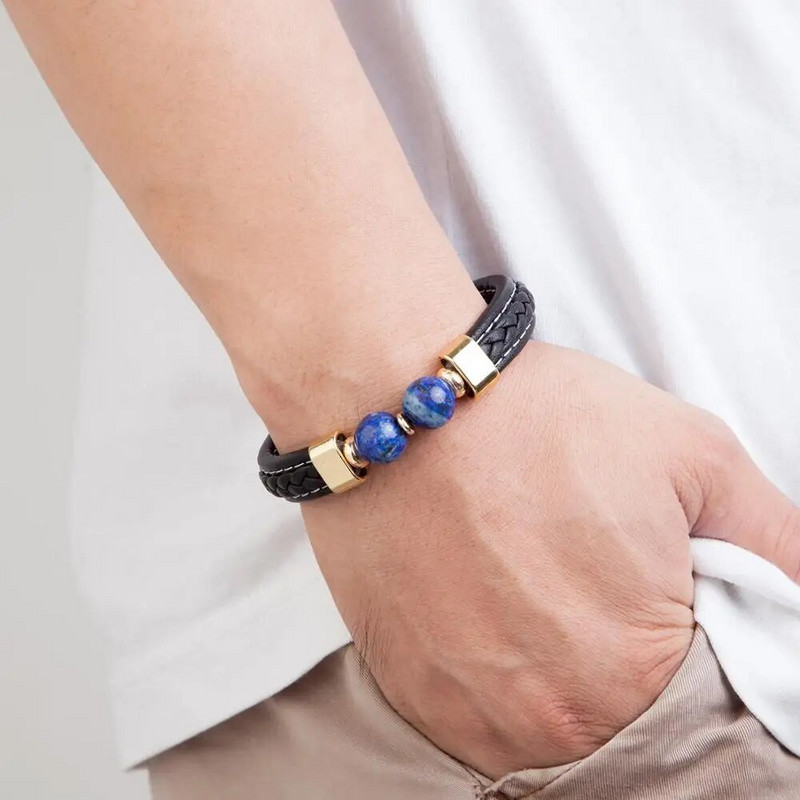 Brățară din oțel inoxidabil pentru bărbați de înaltă calitate Brățări din piele cu personalitate neagră Bijuterii din margele rotunde de piatră în 10 stiluri pentru bărbați Cadouri