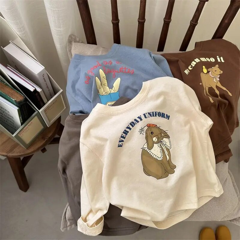 Tricou cu desene animate pentru copii de toamnă 2023 de primăvară cu mâneci lungi Topuri pentru copii pentru fete băieți tricou larg din bumbac imprimat cu desene animate 1-5 ani