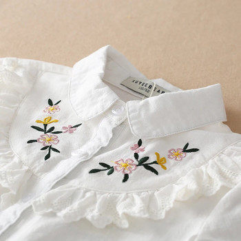 Блузи за момичета 100% памук Бели есенни детски дрехи с дълъг ръкав за 8 10 12 години Горнища с бродерия Ученически ризи за момичета