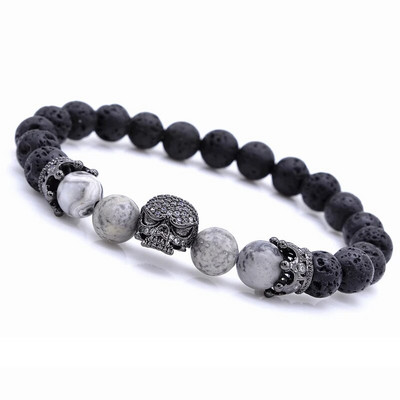Brățară cu șuvițe din margele naturale la modă Micro Pave CZ Schelet Craniu Negru Lavă Rock Piatră Energie Bărbați Bijuterii Buddha europene
