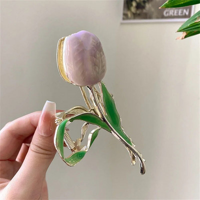 Agrafe cu gheare în formă de floare de lalele de modă Femei Fete Mari, elegante, antiderapante, Suport puternic, Agrafe metalice pentru fălci de păr, pentru zi cu zi.