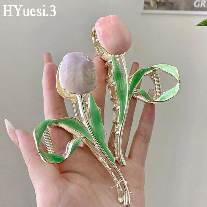 Madingos tulpės gėlės formos žnyplės, moteriškos mergaitės, didelės elegantiškos, neslystančios, tvirtos laikiklio metalinės plaukų žandikaulio segtukai kasdieniai galvos apdangalai